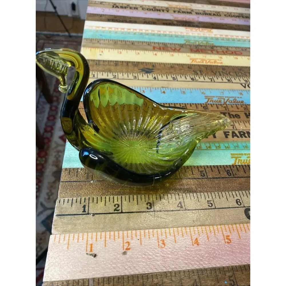 MCM 1960s Hand Blown Glass Swan Trinket Dish Avacado Green‎